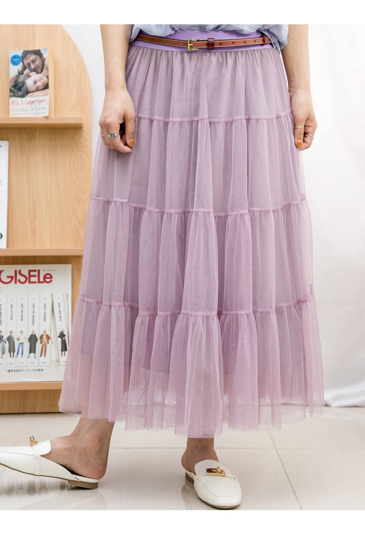 2215-1055B-層次感-橡根腰 ‧ 層層打摺 ‧ DOUBLE網布半截裙 (有厘布) (韓國)0